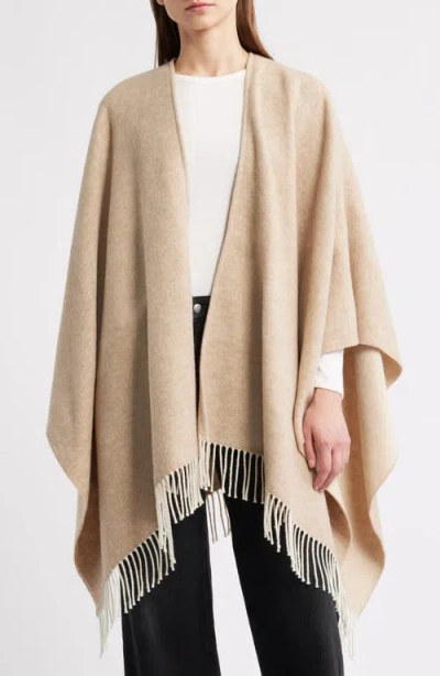 Eileen Fisher Fringe Trim Cotton Wool & Cashmere Poncho In Brown