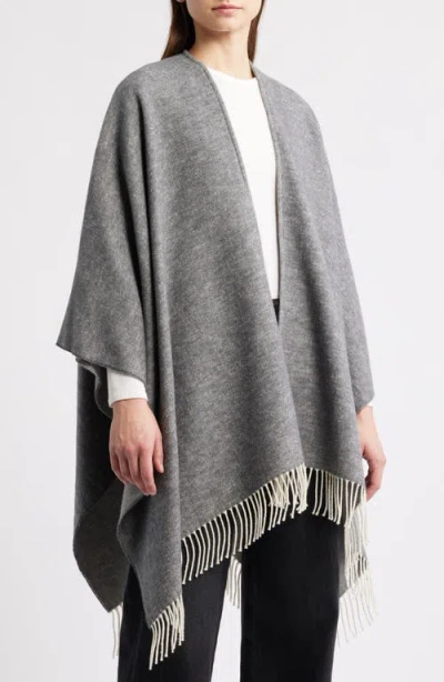 Eileen Fisher Fringe Trim Cotton Wool & Cashmere Poncho In Gray