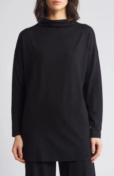 Eileen Fisher Funnel Neck Long Sleeve Boxy Tunic Top In Black
