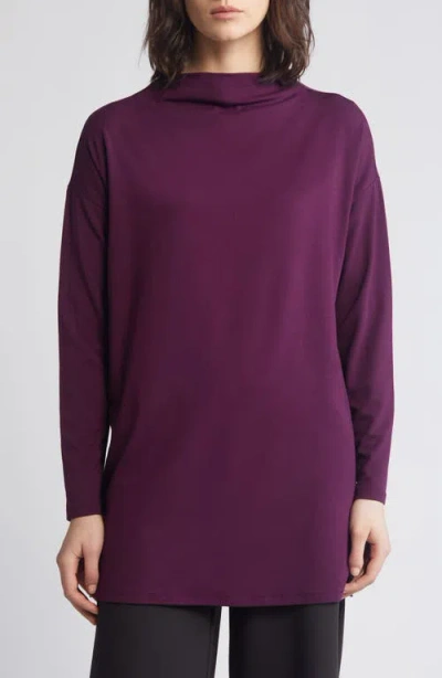 Eileen Fisher Funnel Neck Long Sleeve Boxy Tunic Top In Blackberry