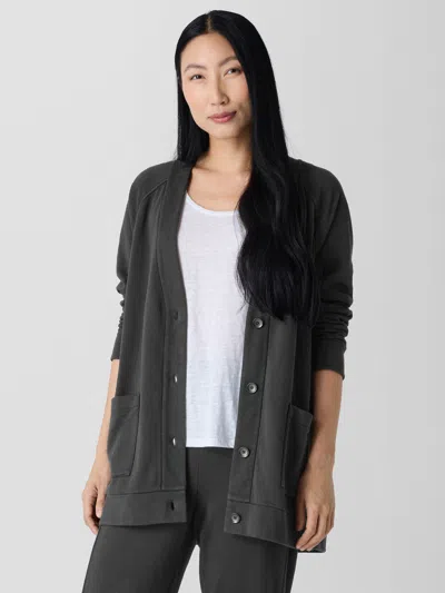 Eileen Fisher Garment-dyed Terry Long Cardigan In Washed Black