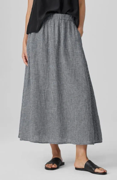 Eileen Fisher Crinkled Gingham Organic Linen Midi Skirt In Black And White