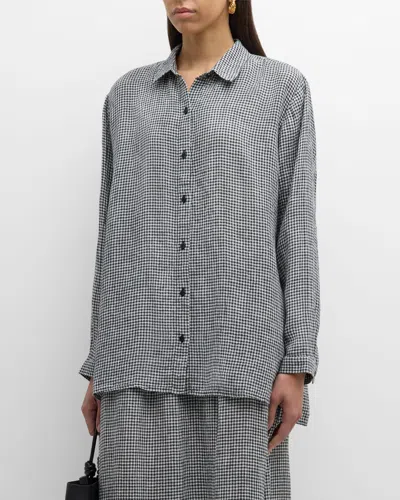 Eileen Fisher Gingham Button-down Organic Linen Shirt In Black/white