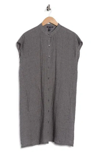 Eileen Fisher Gingham Organic Linen Mandarin Collar Dress In Gray