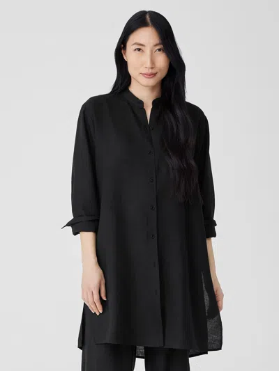 Eileen Fisher Handkerchief Linen Mandarin Collar Long Shirt In Black