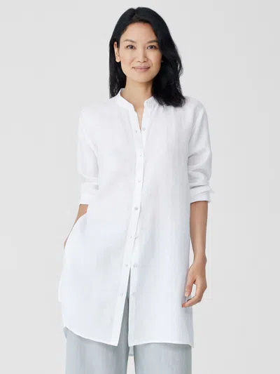 Eileen Fisher Handkerchief Linen Mandarin Collar Long Shirt In White