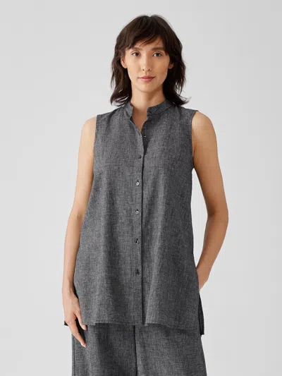 Eileen Fisher Hemp Organic Cotton Grid Mandarin Collar Shirt In Gray