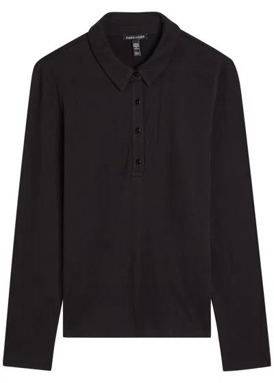 Eileen Fisher Henley Textured Cotton-blend Polo Shirt In Black