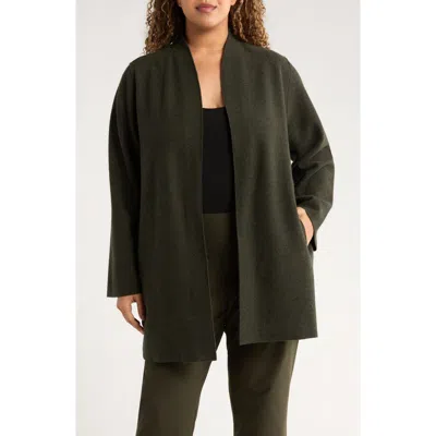 Eileen Fisher High Collar Open Front Boiled Wool Jacket In Black