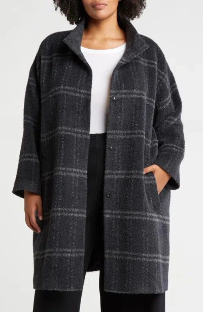 Eileen Fisher High Collar Plaid Coat In Charcoal
