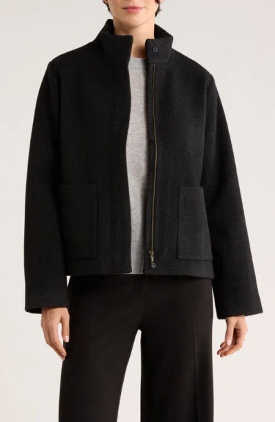 Eileen Fisher High Collar Short Wool Coat In Black