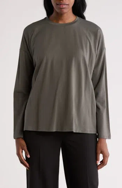 Eileen Fisher High Crewneck Long Sleeve Boxy Top In Grove