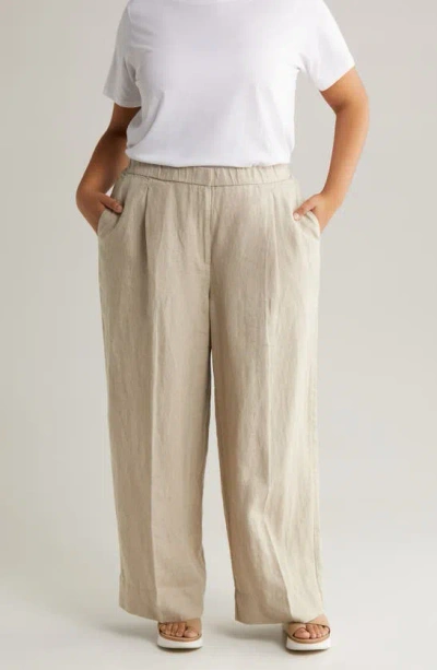 Eileen Fisher High Waist Pleated Organic Linen Wide Leg Pants In Undyed Natural