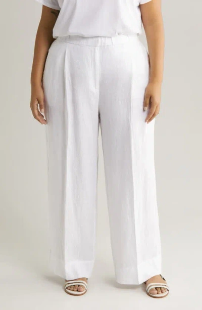 Eileen Fisher High Waist Pleated Organic Linen Wide Leg Trousers In White
