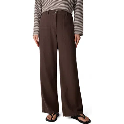 Eileen Fisher High Waist Wide Leg Full Length Organic Cotton Pants In Brown
