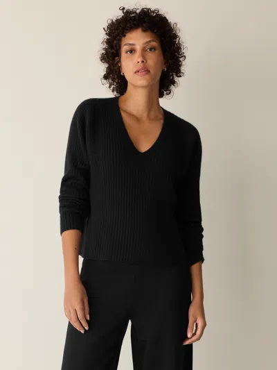 Eileen Fisher Italian Cashmere Ribbed V-neck Top In Black