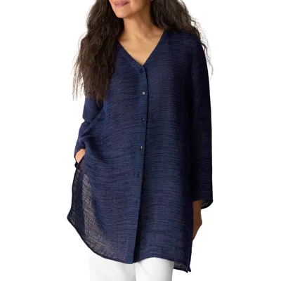 Eileen Fisher Jacquard Organic Linen Blend Button-up Shirt In Blue