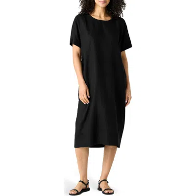 Eileen Fisher Jewel Neck Organic Linen Shift Dress In Black