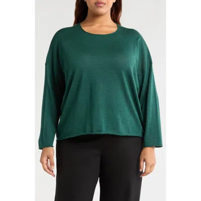 Eileen Fisher Jewel Neck Wool Sweater In Pine