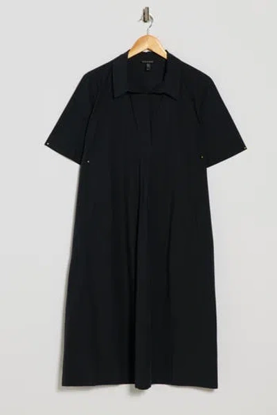 Eileen Fisher Johnny Collar Short Sleeve Organic Cotton Dress In Black