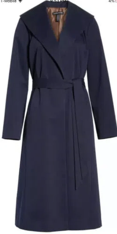 Pre-owned Eileen Fisher Large $498  Midnight Organic Cotton Twill Wide Collar Long Coat