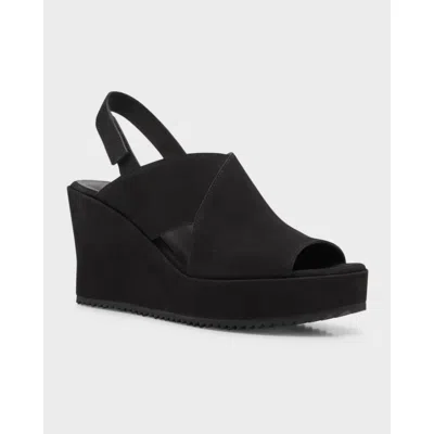 Eileen Fisher Lewis Suede Wedge Slingback Sandals In Black In Black