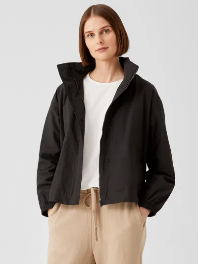 Eileen Fisher Light Cotton Nylon Stand Collar Coat In Black