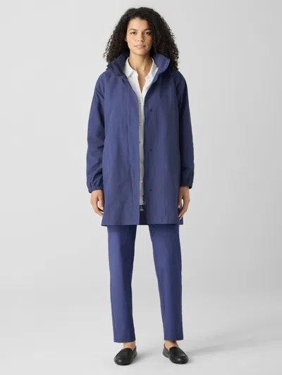 Eileen Fisher Light Cotton Nylon Stand Collar Long Coat In Blue