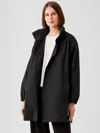 Eileen Fisher Light Cotton Nylon Stand Collar Long Coat In Black