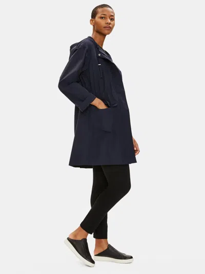Eileen Fisher Light Organic Cotton Nylon Hooded Long Coat In Blue
