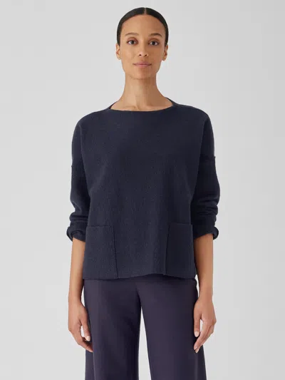 Eileen Fisher Lightweight Boiled Wool Bateau Neck Top In Regenerative Wool In Blue