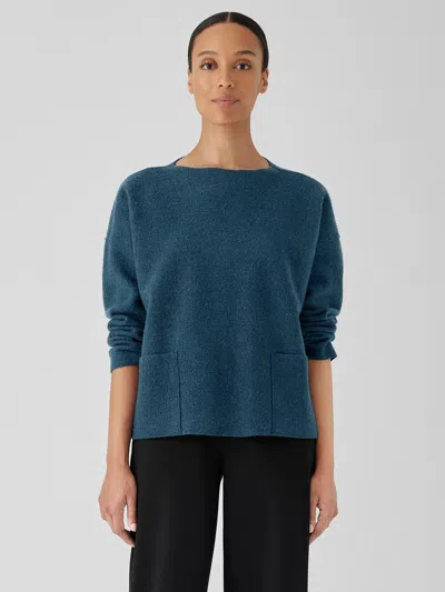 Eileen Fisher Lightweight Boiled Wool Bateau Neck Top In Regenerative Wool In Blue