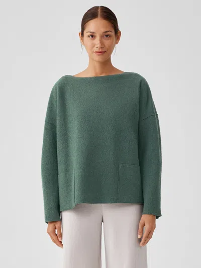 Eileen Fisher Lightweight Boiled Wool Bateau Neck Top In Regenerative Wool In Green