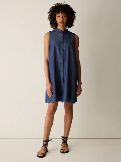 Eileen Fisher Lightweight Organic Cotton Denim Band Collar Dress In Blue
