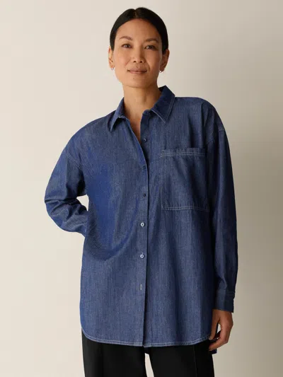 Eileen Fisher Lightweight Organic Cotton Denim Classic Collar Long Shirt In Blue