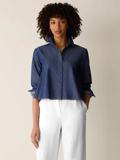 Eileen Fisher Lightweight Organic Cotton Denim Classic Collar Shirt In Blue