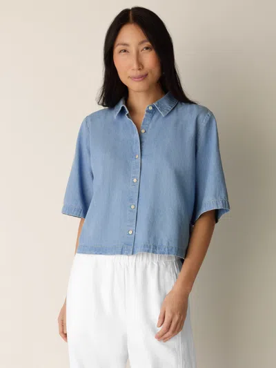 Eileen Fisher Lightweight Organic Cotton Denim Elbow-sleeve Shirt In Blue