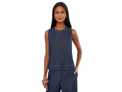 Eileen Fisher Lightweight Organic Cotton Denim Round Neck Shell In Blue