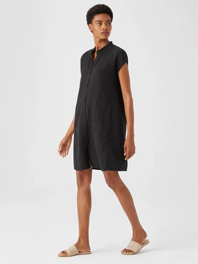Eileen Fisher Linen Blend Mandarin Collar Shirtdress In Black