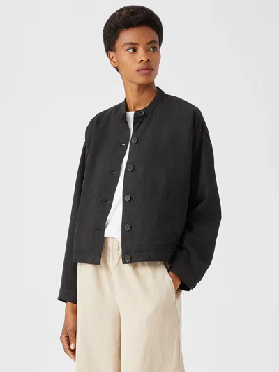Eileen Fisher Linen Blend Stand Collar Jacket In Black