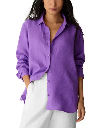 Eileen Fisher Linen Classic Collar Long Shirt In Purple
