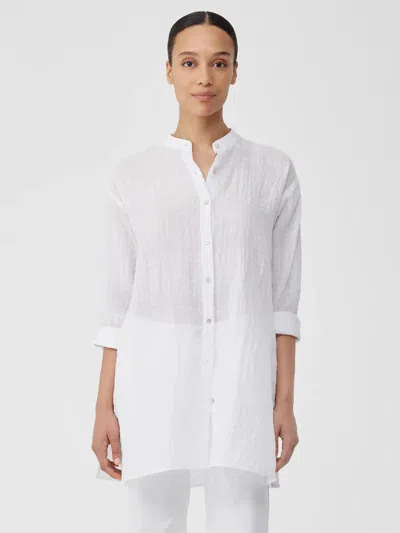 Eileen Fisher Linen Cotton Sheer Check Mandarin Collar Long Shirt In White