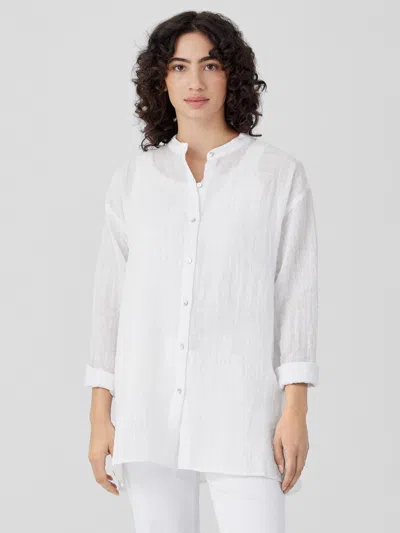 Eileen Fisher Linen Cotton Sheer Check Mandarin Collar Shirt In White