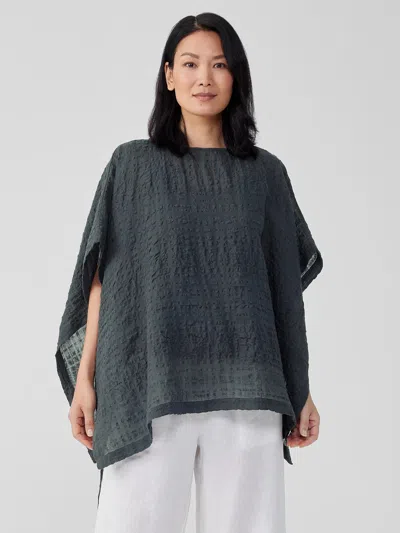 Eileen Fisher Linen Cotton Sheer Check Poncho In Gray