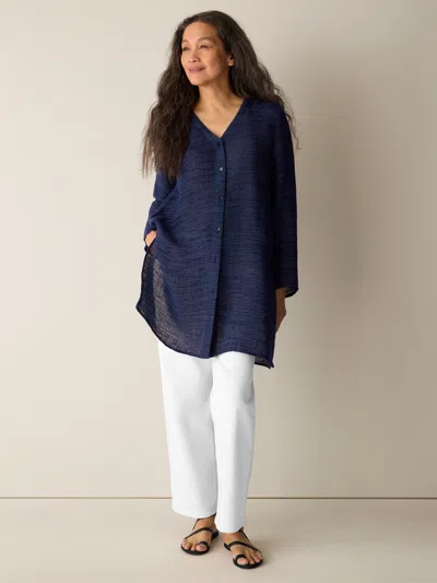 Eileen Fisher Linen Gauze Strata V-neck Long Top In Blue