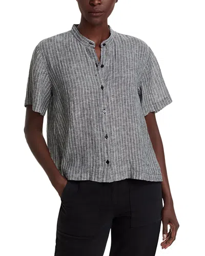 Eileen Fisher Linen Mandarin Collar Short Sleeve Shirt In Gray
