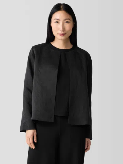 Eileen Fisher Linen Silk Satin Round Neck Jacket In Black