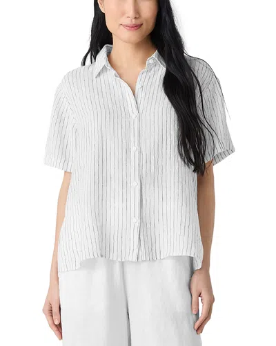 EILEEN FISHER PUCKERED LINEN STRIPED SHORT SLEEVE SHIRT