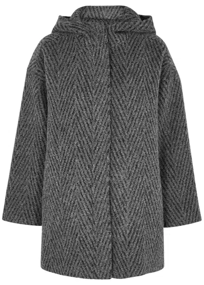 Pre-owned Eileen Fisher Lofty Alpaca-wool Hooded Chevron Coat Ash Gray Made In Peru Sz Xl