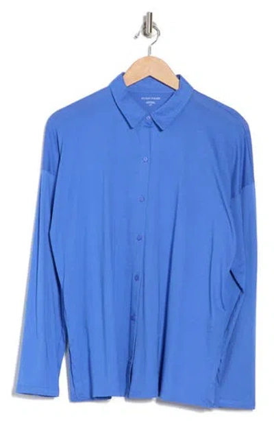Eileen Fisher Long Boxy Organic Cotton Button-up Shirt In Blue